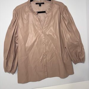 Marc New York Andrew Marc Womens XL Faux Leather Blouse Tan Button Front